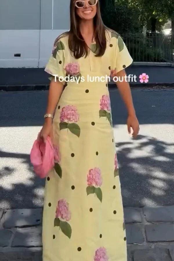 MILA™ Jasmine linneblandad blommig prickig skjorta med vid ärm Maxiklänning - Milafashion-se.com