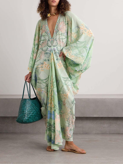 Unique Floral Print V Neck Oversized Midi Dress - Milafashion-se.com