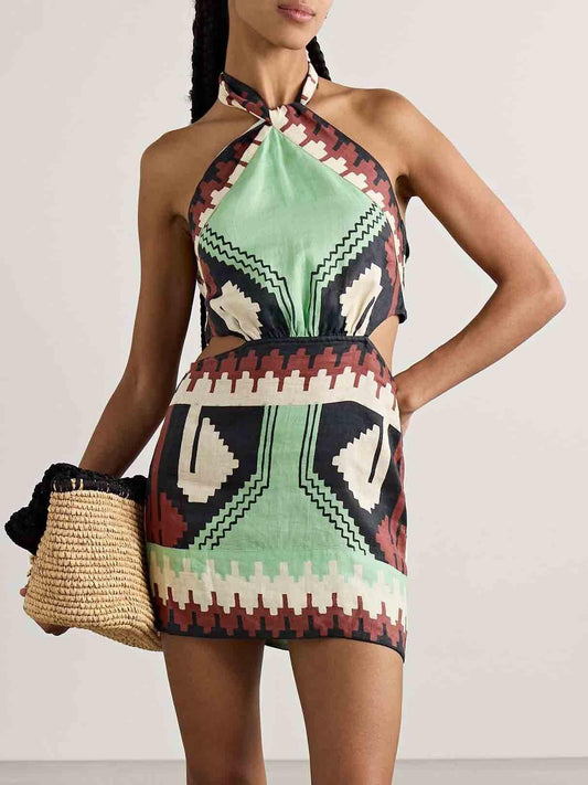 Unique Vintage Ethnic Print Backless Mini Dress - Milafashion-se.com