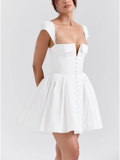 Exquisite V-Neck Pleated Waist Mini Dress - Milafashion-se.com