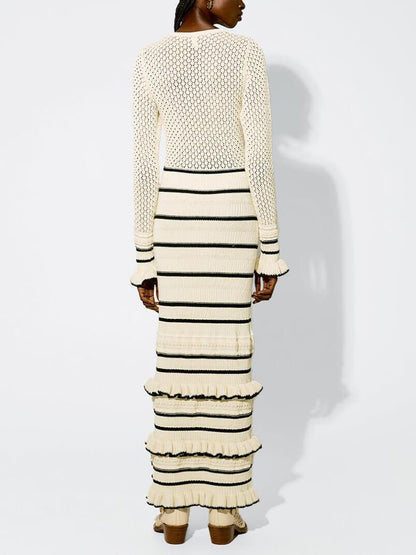 Knit Stripe Ruffle Long Sleeve Maxi Dress - Milafashion-se.com