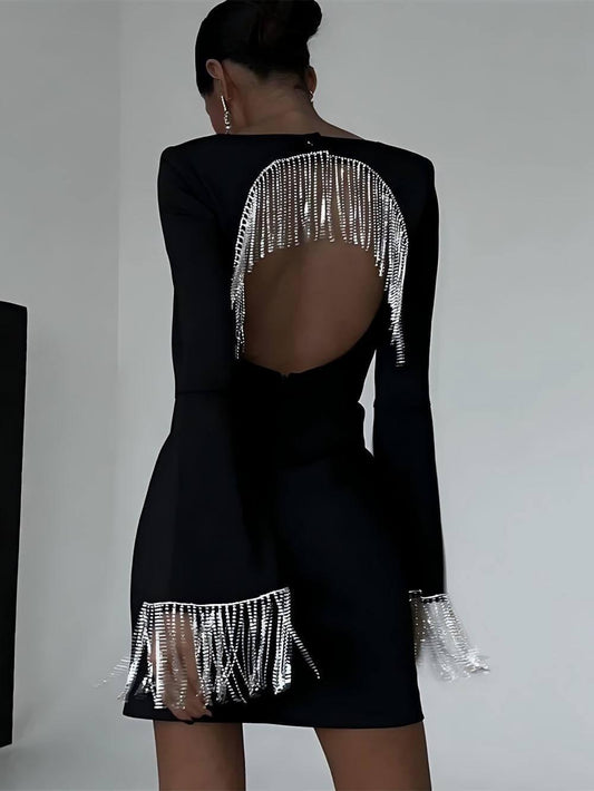 Party Time Imitation Diamond Chain Backless Mini Dress - Milafashion-se.com