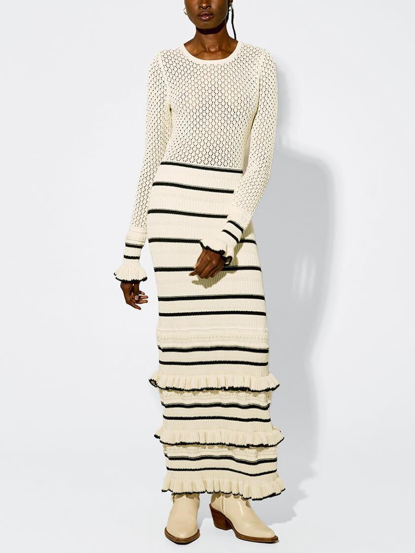Knit Stripe Ruffle Long Sleeve Maxi Dress - Milafashion-se.com