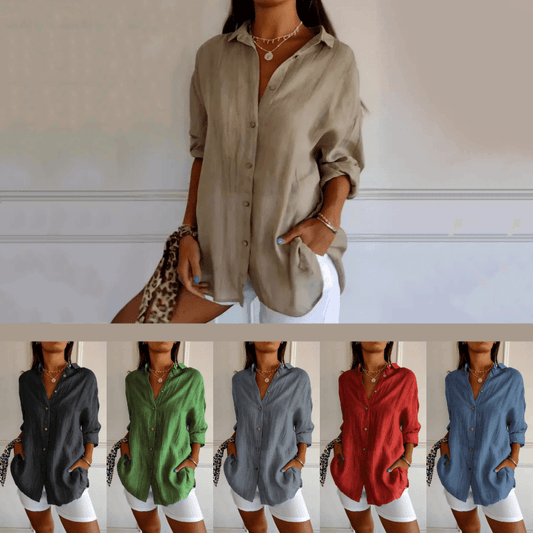 Klassisk strukturerad skjorta med veckad plissering och enkelt kavajslag för dam - Milafashion-se.com