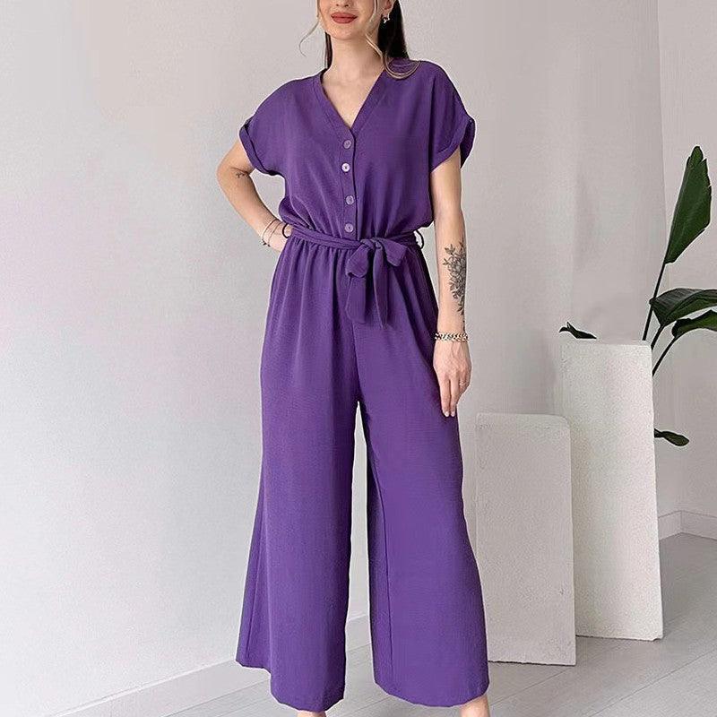 V-ringad kortärmad casual jumpsuit för kvinnor - Milafashion-se.com