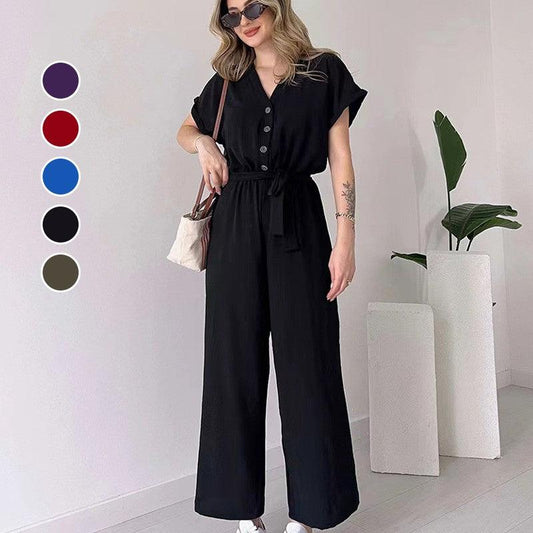 V-ringad kortärmad casual jumpsuit för kvinnor - Milafashion-se.com