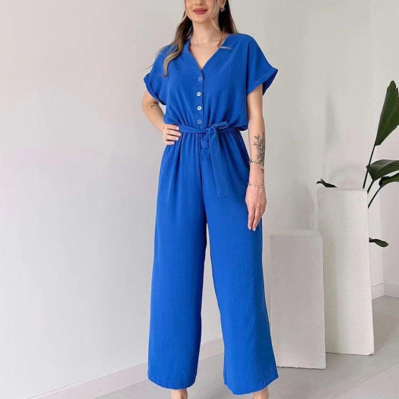 V-ringad kortärmad casual jumpsuit för kvinnor - Milafashion-se.com