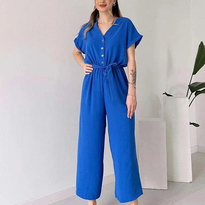 V-ringad kortärmad casual jumpsuit för kvinnor - Milafashion-se.com