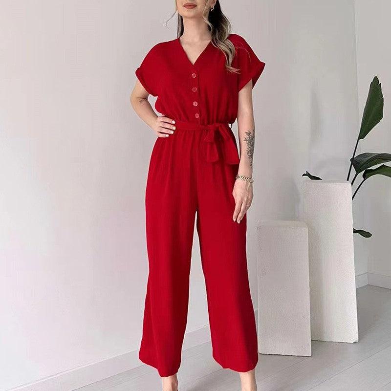 V-ringad kortärmad casual jumpsuit för kvinnor - Milafashion-se.com