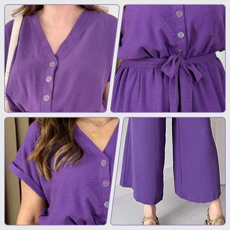 V-ringad kortärmad casual jumpsuit för kvinnor - Milafashion-se.com