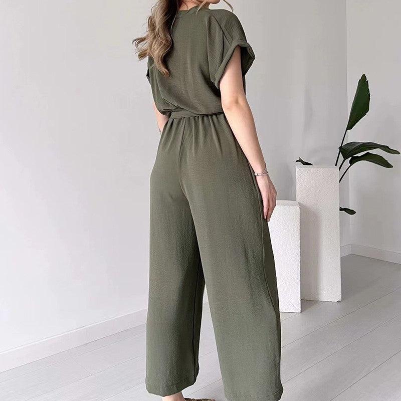 V-ringad kortärmad casual jumpsuit för kvinnor - Milafashion-se.com