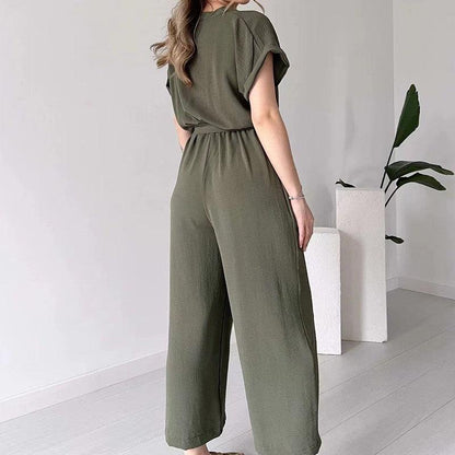 V-ringad kortärmad casual jumpsuit för kvinnor - Milafashion-se.com