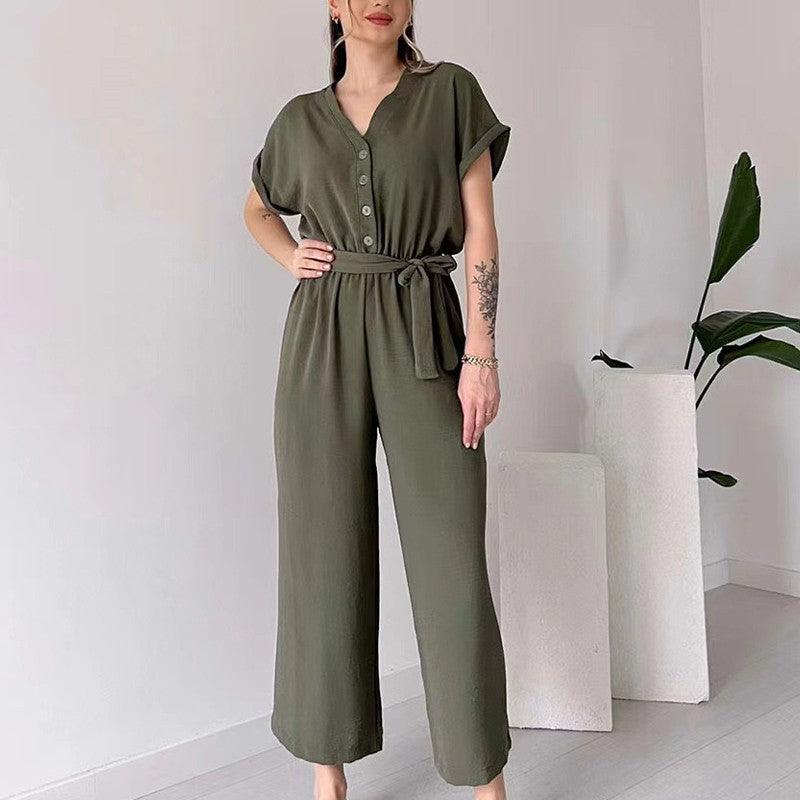 V-ringad kortärmad casual jumpsuit för kvinnor - Milafashion-se.com