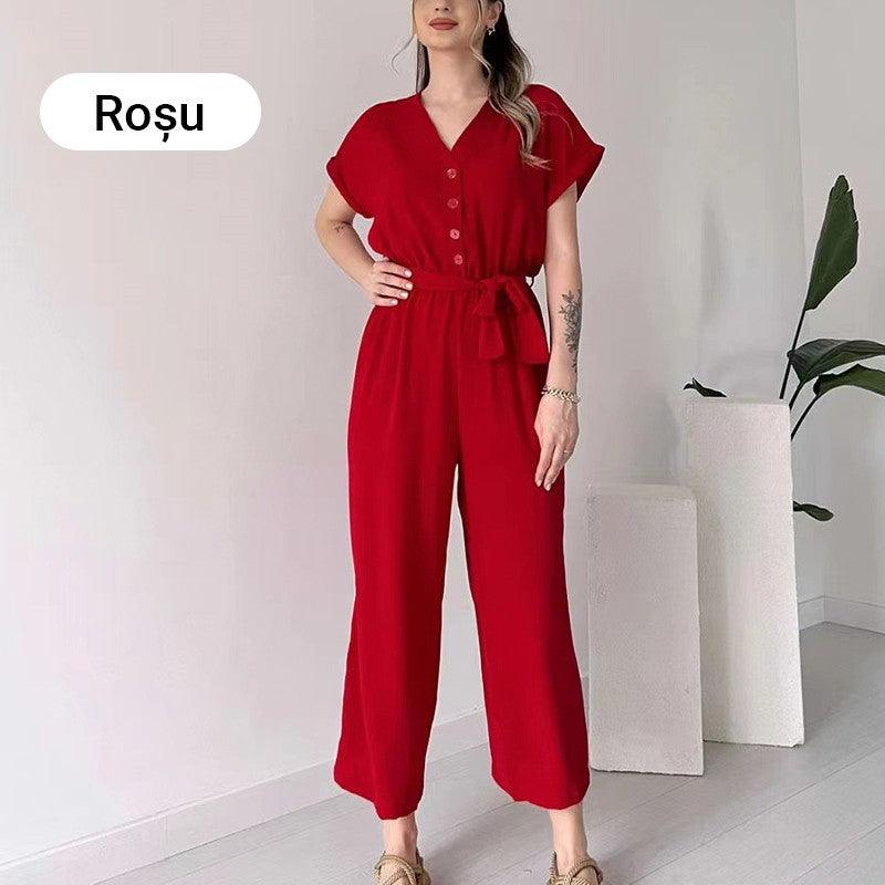 V-ringad kortärmad casual jumpsuit för kvinnor - Milafashion-se.com