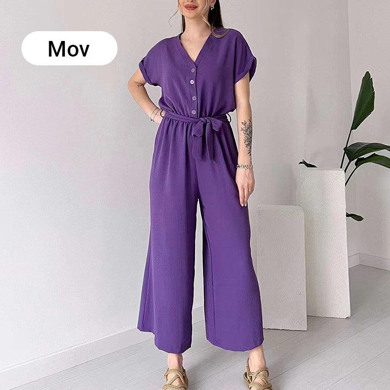 V-ringad kortärmad casual jumpsuit för kvinnor - Milafashion-se.com