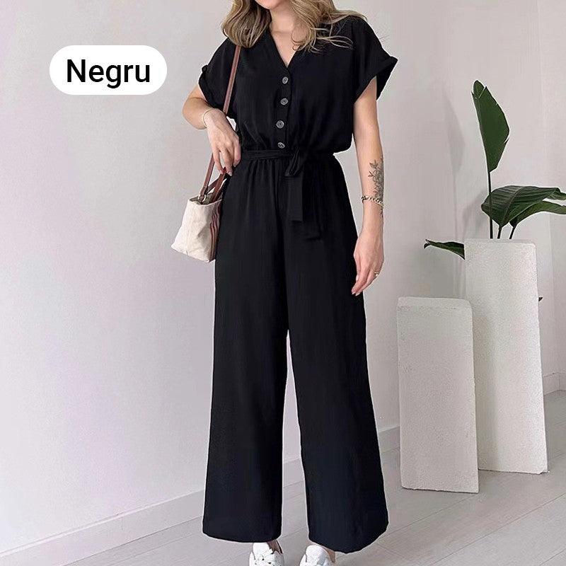 V-ringad kortärmad casual jumpsuit för kvinnor - Milafashion-se.com