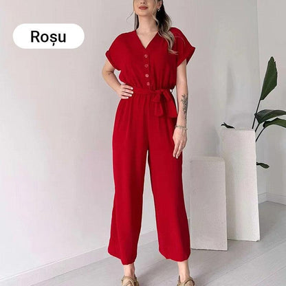 V-ringad kortärmad casual jumpsuit för kvinnor - Milafashion-se.com