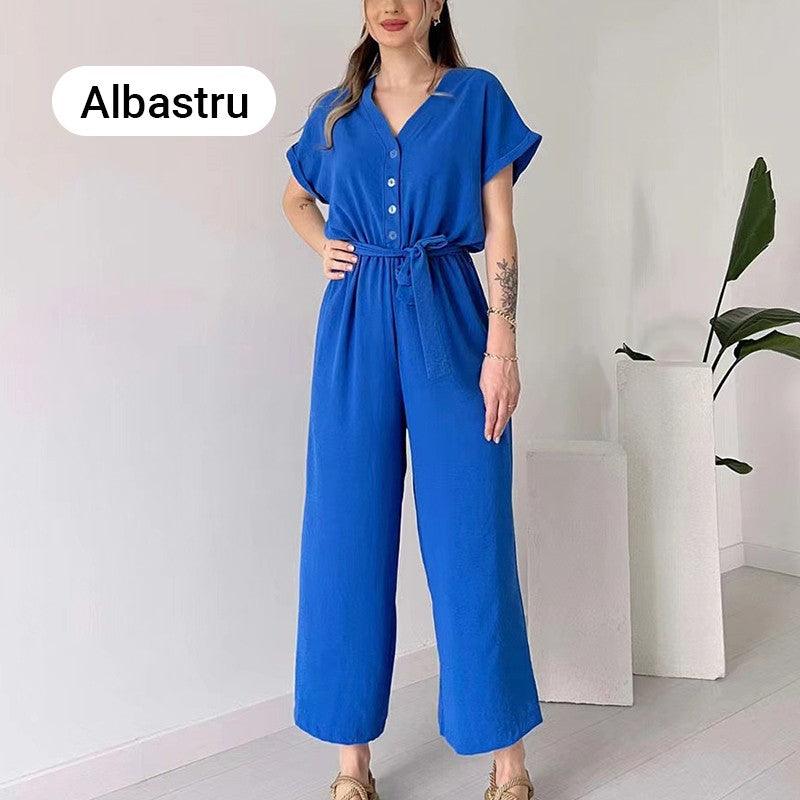 V-ringad kortärmad casual jumpsuit för kvinnor - Milafashion-se.com