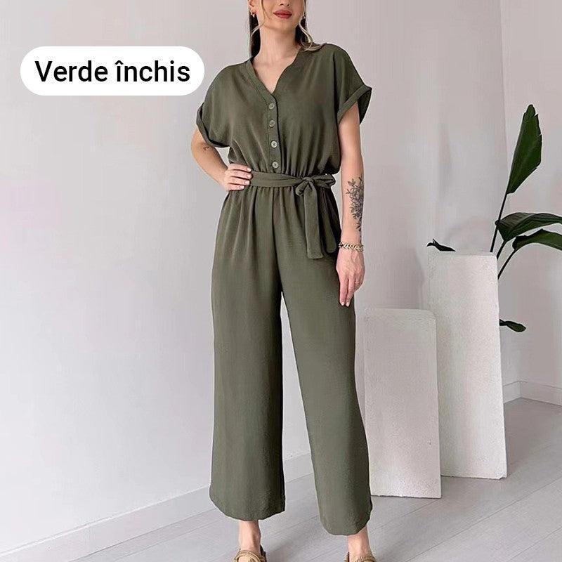 V-ringad kortärmad casual jumpsuit för kvinnor - Milafashion-se.com