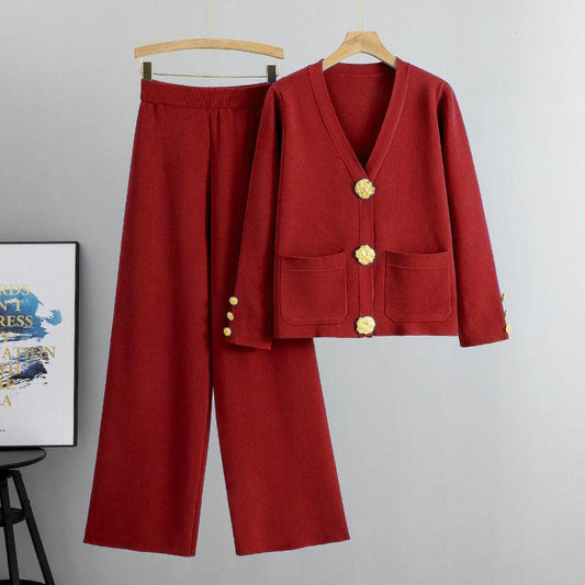 Guldknapp mjuk stickad tvådelad set - Milafashion-se.com