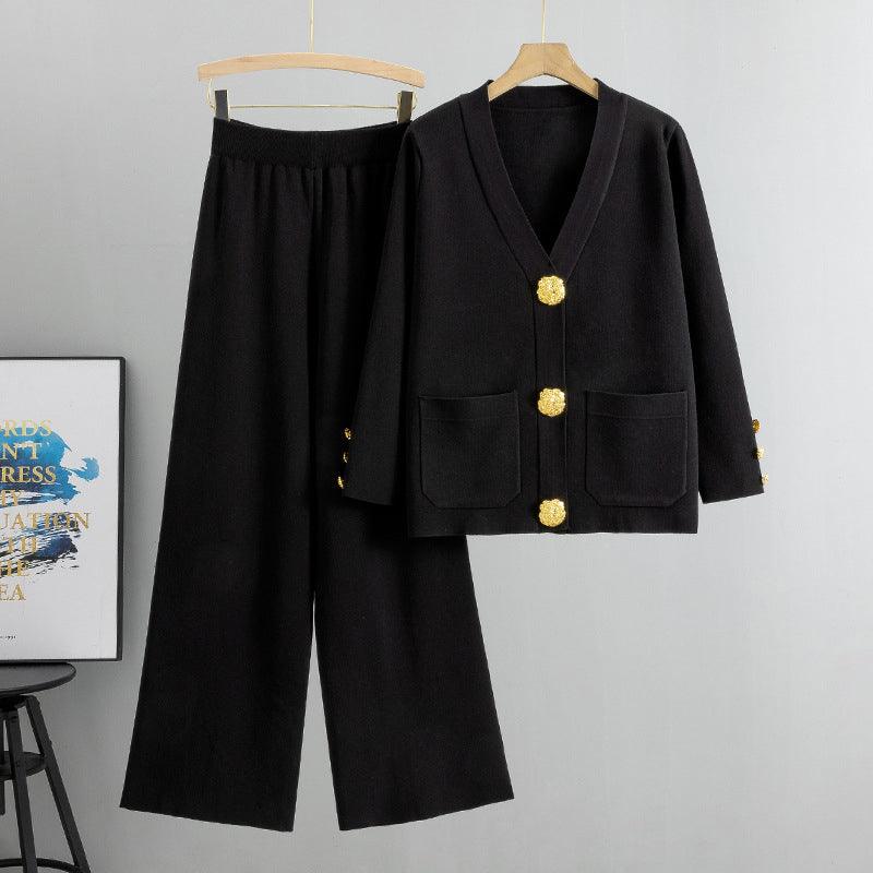 Guldknapp mjuk stickad tvådelad set - Milafashion-se.com