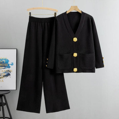 Guldknapp mjuk stickad tvådelad set - Milafashion-se.com