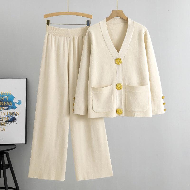 Guldknapp mjuk stickad tvådelad set - Milafashion-se.com