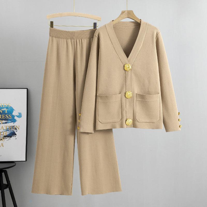 Guldknapp mjuk stickad tvådelad set - Milafashion-se.com