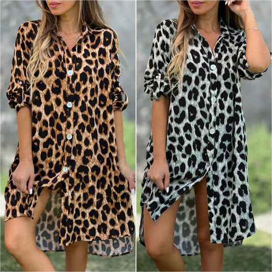 Leopardmönstrad överdimensionerad skjortklänning - Milafashion-se.com