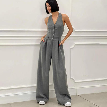 Ärmlös Jumpsuit med Breda Ben och Knäppning för Kvinnor