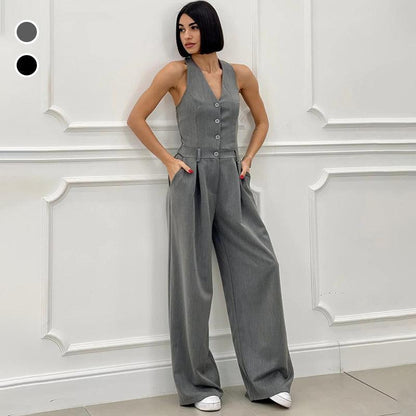 Ärmlös Jumpsuit med Breda Ben och Knäppning för Kvinnor