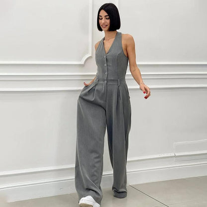Ärmlös Jumpsuit med Breda Ben och Knäppning för Kvinnor