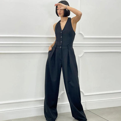 Ärmlös Jumpsuit med Breda Ben och Knäppning för Kvinnor