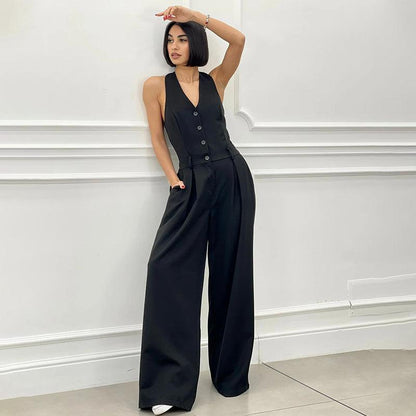 Ärmlös Jumpsuit med Breda Ben och Knäppning för Kvinnor