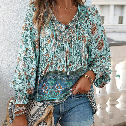 💖HET FÖRSÄLJNING 50% RABATT💖Kvinders mode tryckt v-hals langærmet skjorte - Milafashion-se.com
