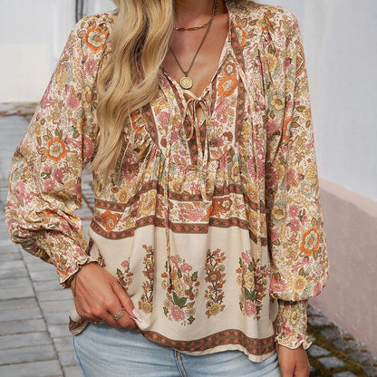 💖HET FÖRSÄLJNING 50% RABATT💖Kvinders mode tryckt v-hals langærmet skjorte - Milafashion-se.com